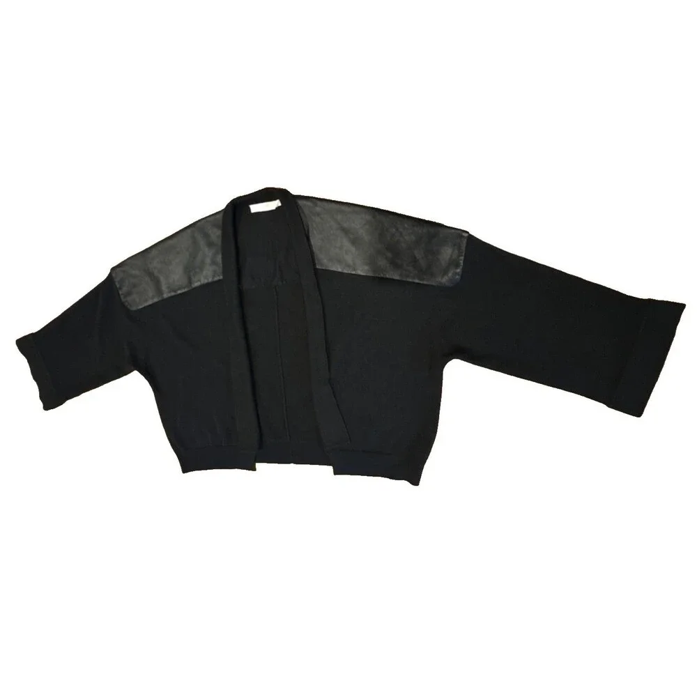 Anne Fontaine Black Cropped Cardigan Jacket 12 Silk Blend Lambskin Leather Trim